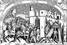 Entrega de las llaves de la ciudad. Publicado en Semanario Pintoresco Espa&ntilde;ol, 1855.